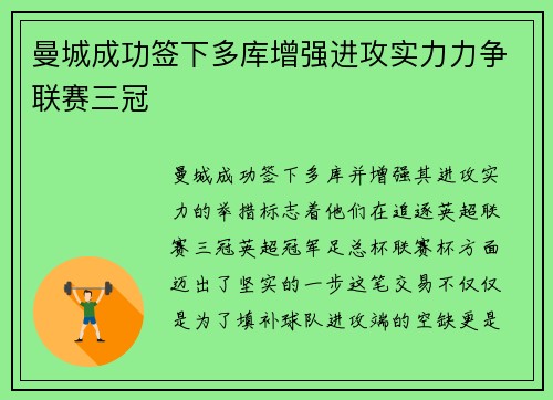 曼城成功签下多库增强进攻实力力争联赛三冠 曼城成功签下多库增强进攻实力力争联赛三冠